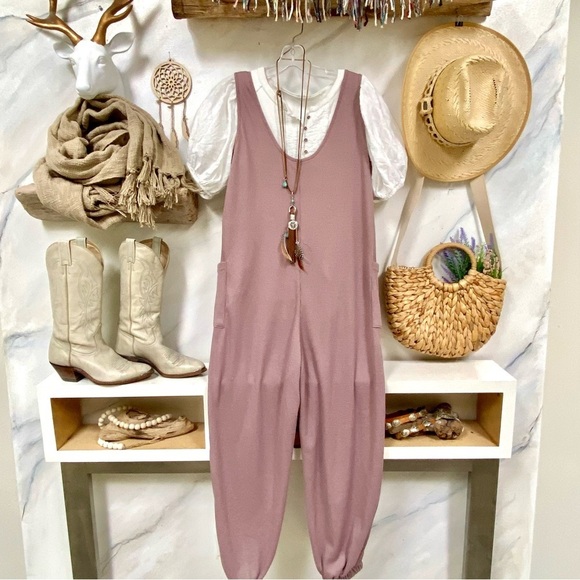 Farmhouse Patchwork dusty blush waffle boho prairie artisan Jumpsuit - Picture 8 of 10